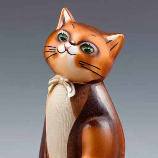 Image similar to demure anthropomorphic cat figurine wearing a kimono, brown resin, highly detailed