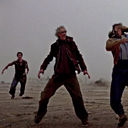 Image similar to four men dancing furiously in a postapocalyptic wasteland, amazing movie still, Spielberg, Cronenberg, Wes Craven, Takashi Miike