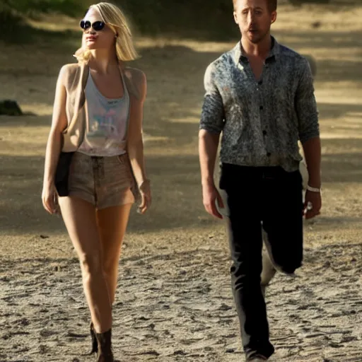 Prompt: still of ryan gosling and margot robbie, walking in human face