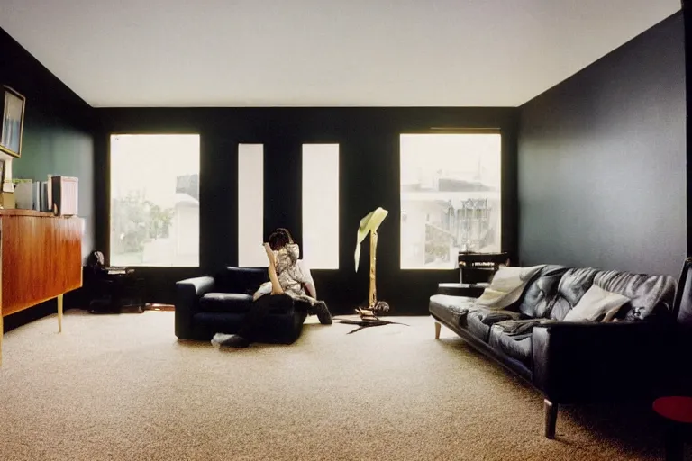 Image similar to photograph of black cubical radiating energy in suburban living room, crisp focus, highly detailed, in jeff wall style, 3 5 mm ektachrome