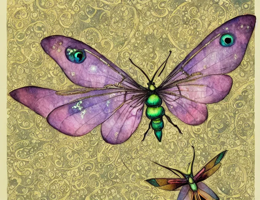 Prompt: faerie hawkmoth in the palace courtyard. this watercolor and gold leaf work by the award - winning mangaka has a beautiful composition and intricate details.