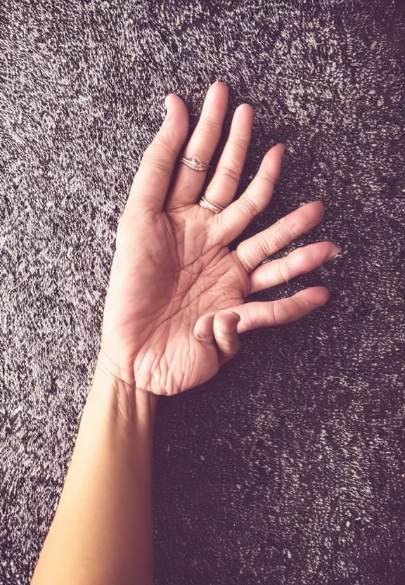 Image similar to an instagram photo of one ultra detailed woman's palm held against the floor, instagram photo, studio photo