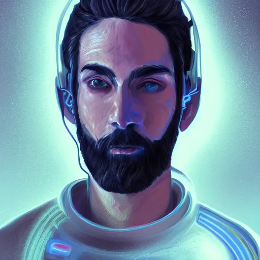 Image similar to a portrait of an ultradetailed futuristic male cyberpunk waring a hoodie, bearded, deep blue eyes, by dylan kowalski, 8 k, digital painting