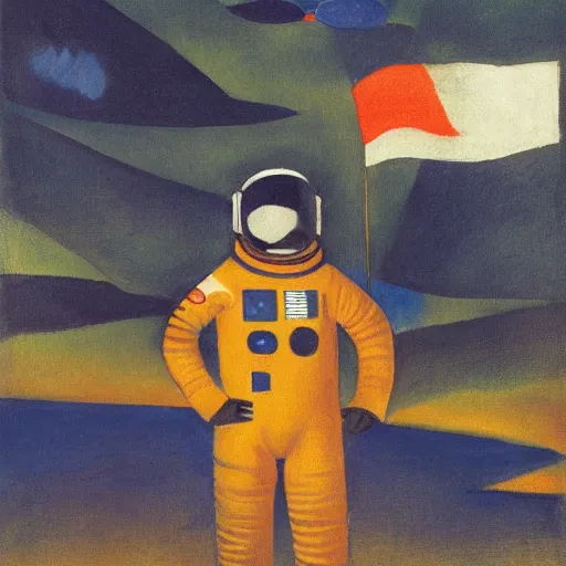 Prompt: A beautiful conceptual art of astronaut standing on a planet with a flag in the background. by August Macke soft, dull