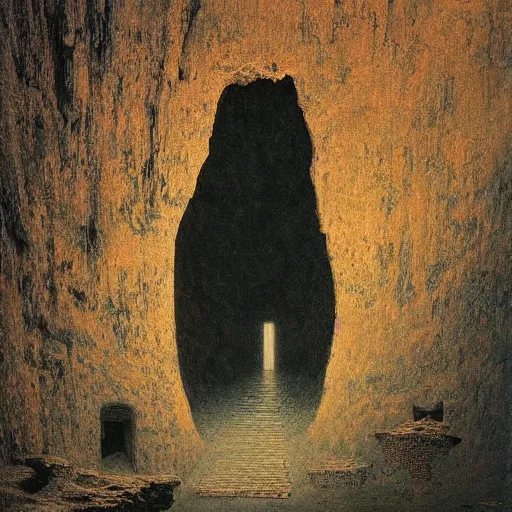 Prompt: an explorer standing in an ancient city!! inside a cave, by Beksinski and Lauire Lipton