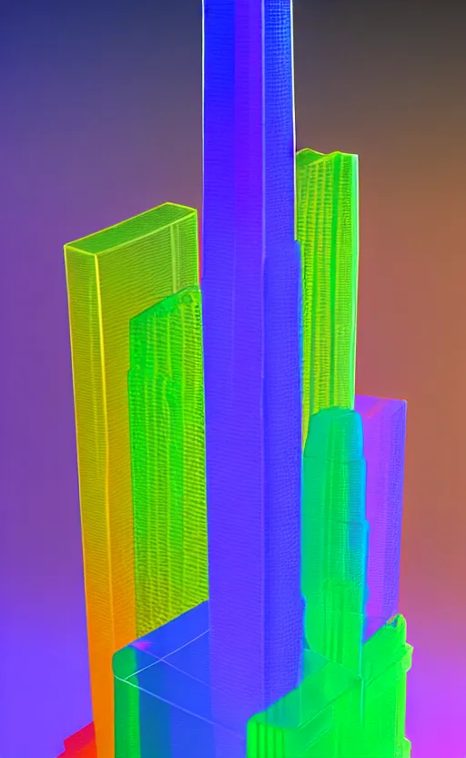 Prompt: scale model of the sears tower completely made of colorful translucent gelatin, jello, 3 5 mm photograph, vibrant colors, dramatic lighting, smooth surfaces, photorealistic, unreal engine render, octane render, 8 k