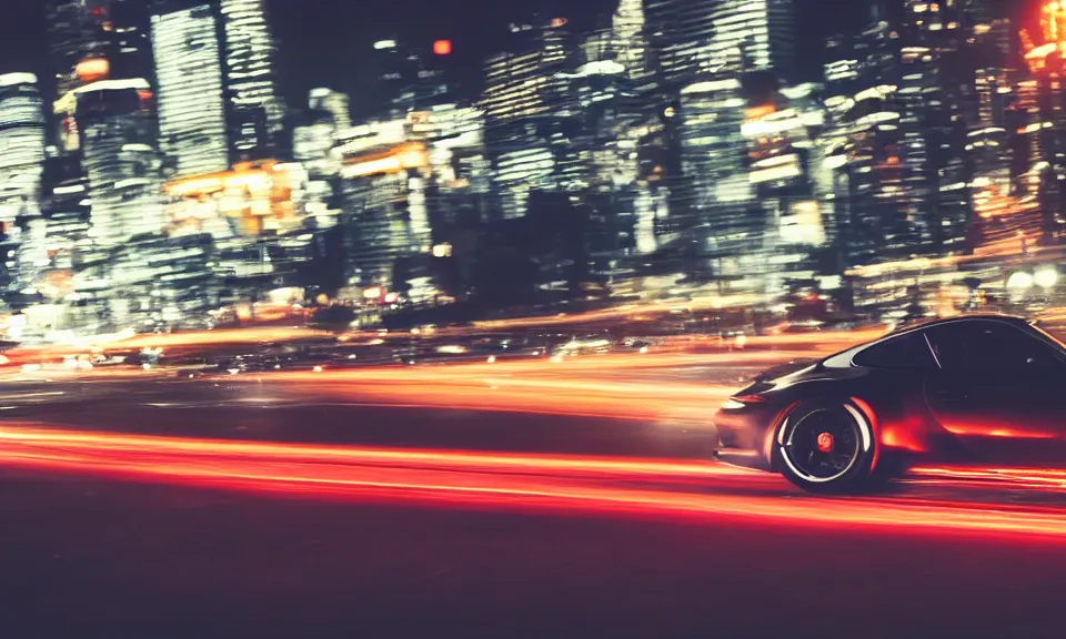 Image similar to photo of a porsche 911 at night drifting through a city, cinematic, 4k, long exposure photography, tokyo drift, fast and furious, film still, night photography, motion blur, lens flare, movie shot, light trail, distortion, wide angle