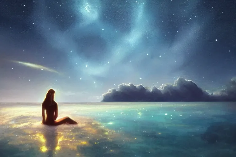 Image similar to beautiful astronaut relaxing at the Sea Of Stars of Vaadhoo Island Maldives, Bioluminescent sea plankton that shines bright blue during the night makes the sea area, glowing water, intricate, elegant, luxurious, digital painting, concept art, smooth, sharp focus, from Star Trek 2021, illustration, by WLOP and Ruan Jia and Mandy Jurgens and William-Adolphe Bouguereau, Artgerm