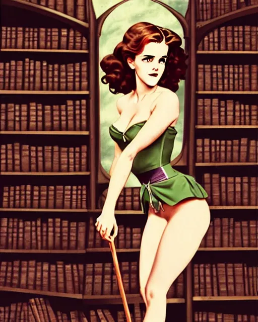 Prompt: pinup photo emma watson in the role of hermione granger in the library of hogwarts, by andrei riabovitchev, james jean, gil elvgren, enoch bolles, by a - 1 pictures, glossy skin, pearlescent, anime, very coherent, anime, flat