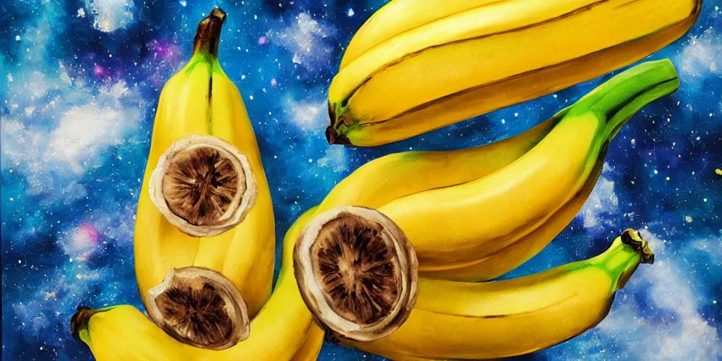 Prompt: banana hat in outer space, acrylic on canvas, breathtaking realistic, photorealistic in the style of realism