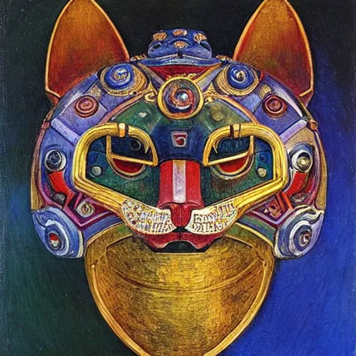 Image similar to masterpiece painting of an ornate bejeweled robot cat head, by annie swynnerton and diego rivera and nicholas roerich and jean delville, symbolist, dramatic lighting, god rays, elaborate geometric ornament, art brut, rich colors, smooth, sharp focus, extremely detailed, adolf wolfli and ( donato giancola )