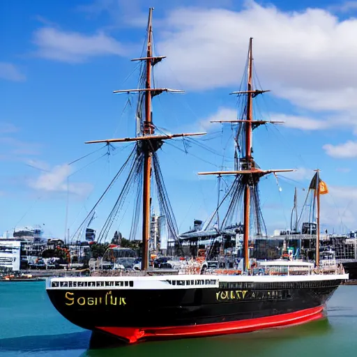 Prompt: fantasy ship sailing through Auckland Harbor