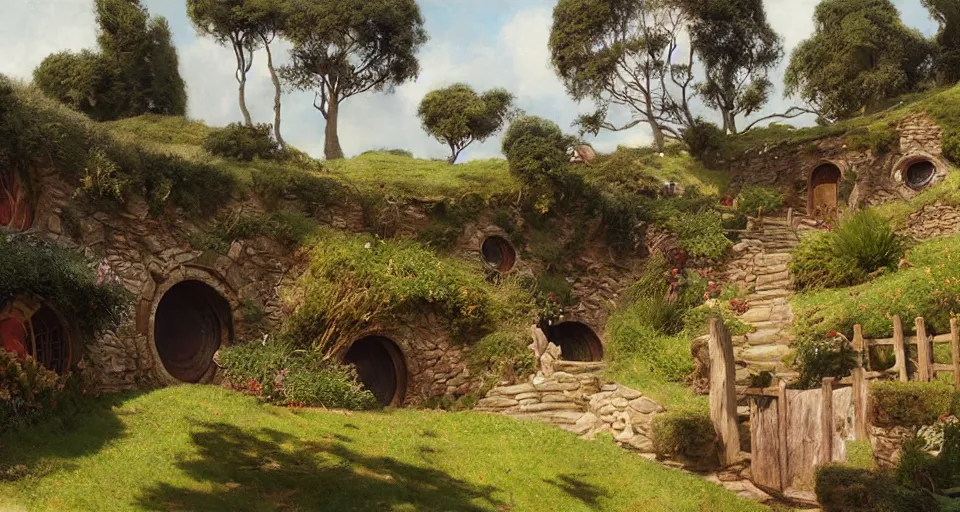 Image similar to the shire, hobbiton, intricate, elegant, highly detailed, john park, frazetta, john howe, ruan jia, jeffrey catherine jones