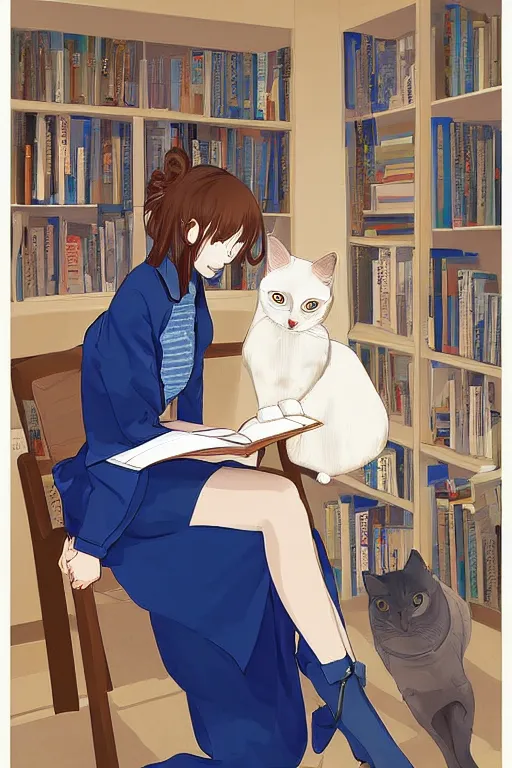 Image similar to a digital painting of a girl reading a book with a cat in A comfortable study room at night,jk uniform ,Hairdryer,blue theme,geometric shapes,S line,hard edges, by mucha and krenz cushart and range murata