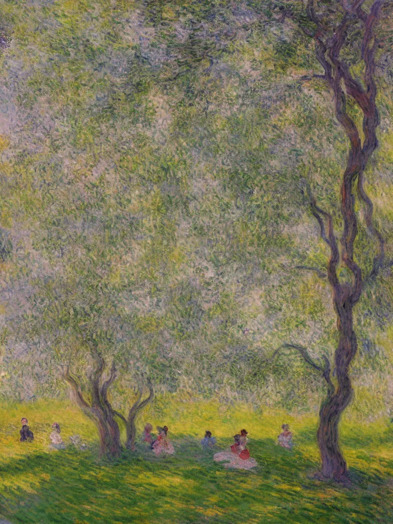 Prompt: gauzy impressionist painting of my backyard with an old apple tree with people! dancing in the afternoon, bright sun, color oil painting by claude monet and piet mondrian, cosmic trending on artstation 8 k