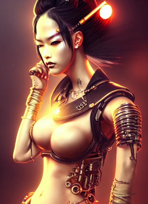 Image similar to soft lustrous ebony geisha seductive raver gutter punk steampunk cyborg, yakuza, golden ratio, details, scifi, fantasy, cyberpunk city, intricate, decadent, highly detailed, octane render, digital painting, artstation, concept art, sharp focus, illustration, art by artgerm, loish, wlop