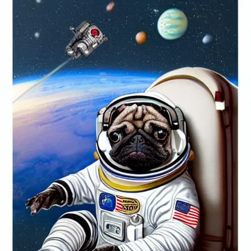 Image similar to hyper realistic, highly detailed, astronaut pug in space.