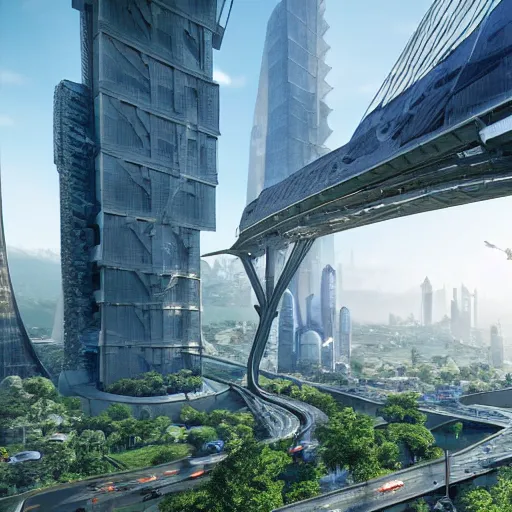 Prompt: hyper-realistic, large futuristic high tech city hidden underneath, tall buildings connected with bridges, luxuriant vegetation, flying cars, photoreal, dramatic sunlight highlights, in valley, amongst high mountains volumetric lighting, intricate details, octane render, cinematic, realism, high detail,unreal engine, vfx,