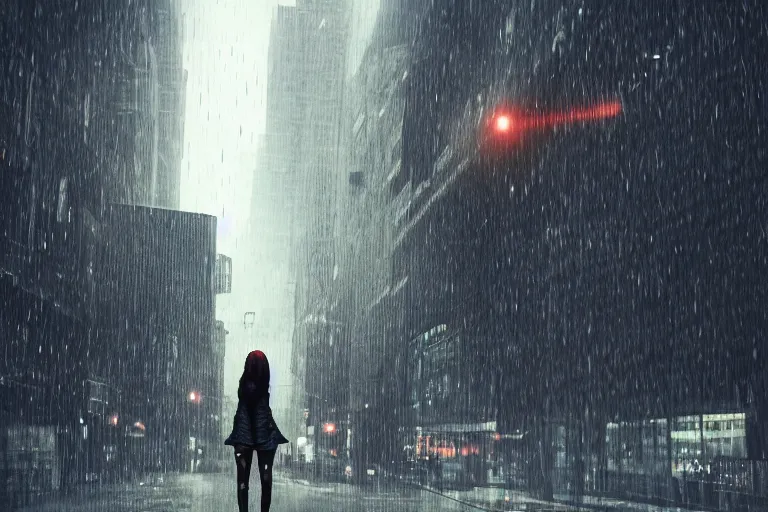 Image similar to vfx marvel sci-fi woman black super hero robot photo real full body action pose, flying over city street cinematic lighting, rain and fog by Emmanuel Lubezki