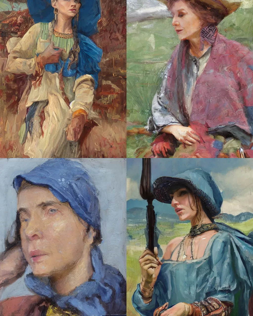 Image similar to portrait of medieval farmer woman with wooden jewelry, mediterranean features, wearing rich jewerly hat and deep blue boho poncho, fantasy character close up portrait, sitting dynamic pose, Low poly, thunder clouds in the sky, artwork by Jeremy Lipkin and Giuseppe Dangelico Pino and Michael Garmash and rob rey, levitation, industrial rusty pipes, simple form, brutal shapes