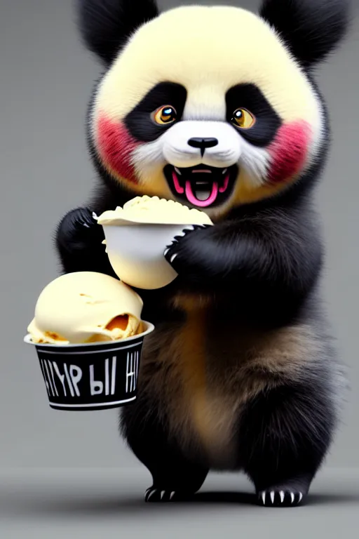 Prompt: high quality 3 d render hyperrealist very cute gothic grumpy panda & dragon hybrid eating ice cream, vray smooth, in the style of detective pikachu, very dramatic light, low angle, uhd 8 k, shallow depth or field