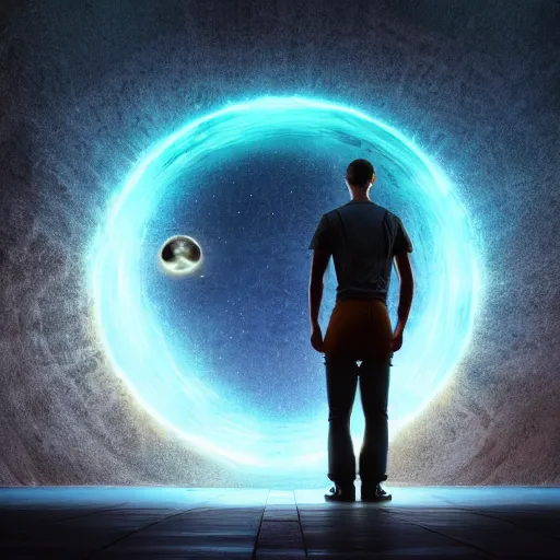 Image similar to Man stands infront of portal to another realm of mind, space, stars, planets, gate, gatekeeper, octane render, lifelike, photorealistic, smooth, concept art,