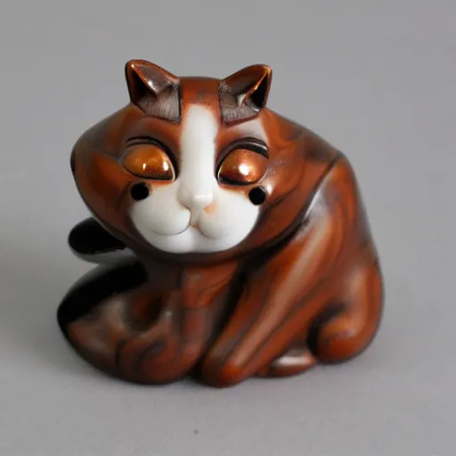 Image similar to elegant seductive anthropomorphic cat figurine wearing a kimono, cast brown resin, toggles, very highly detailed, intricate, monotone, shy looking down