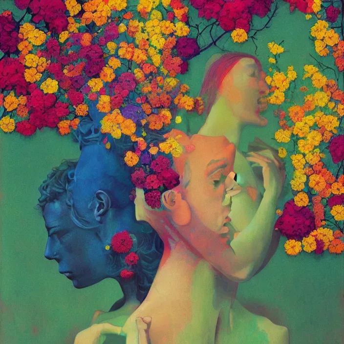 Prompt: portrait of women made of colorful fractal flowers hugging Edward Hopper and James Gilleard, Zdzislaw Beksinski, highly detailed