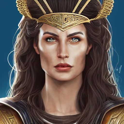 Prompt: portrait of hippolyta queen of the amazons, a tall beautiful dignified dark - haired woman with tanned skin and blue eyes, dressed in hellenistic greek armour, high detailed, detailed face, intricate, elegant, smooth, sharp focus, artstation, art by jordan nelsen,
