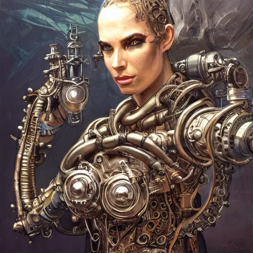 Image similar to low angle shot of a steampunk cyborg by clive barker, intricate, elegant, highly detailed, centered, digital painting, artstation, concept art, smooth, sharp focus, illustration, artgerm, Tomasz Alen Kopera, Peter Mohrbacher donato giancola, Joseph Christian Leyendecker, WLOP, Boris Vallejo.