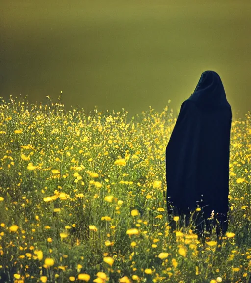 Image similar to tall hooded shadow person figure standing in beautiful meadow of flowers, film photo, grainy, high detail, high resolution