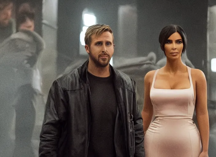 Prompt: a movie still of kim kardashian sitting with ryan gosling in the movie blade runner 2 0 4 9