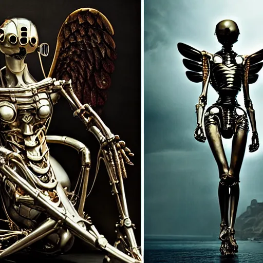 Image similar to still frame from Prometheus movie by Makoto Aida, biomechanical vespa angel gynoid, metal couture by neri oxmn by Guo pei by giger, editorial by Malczewski and by Caravaggio