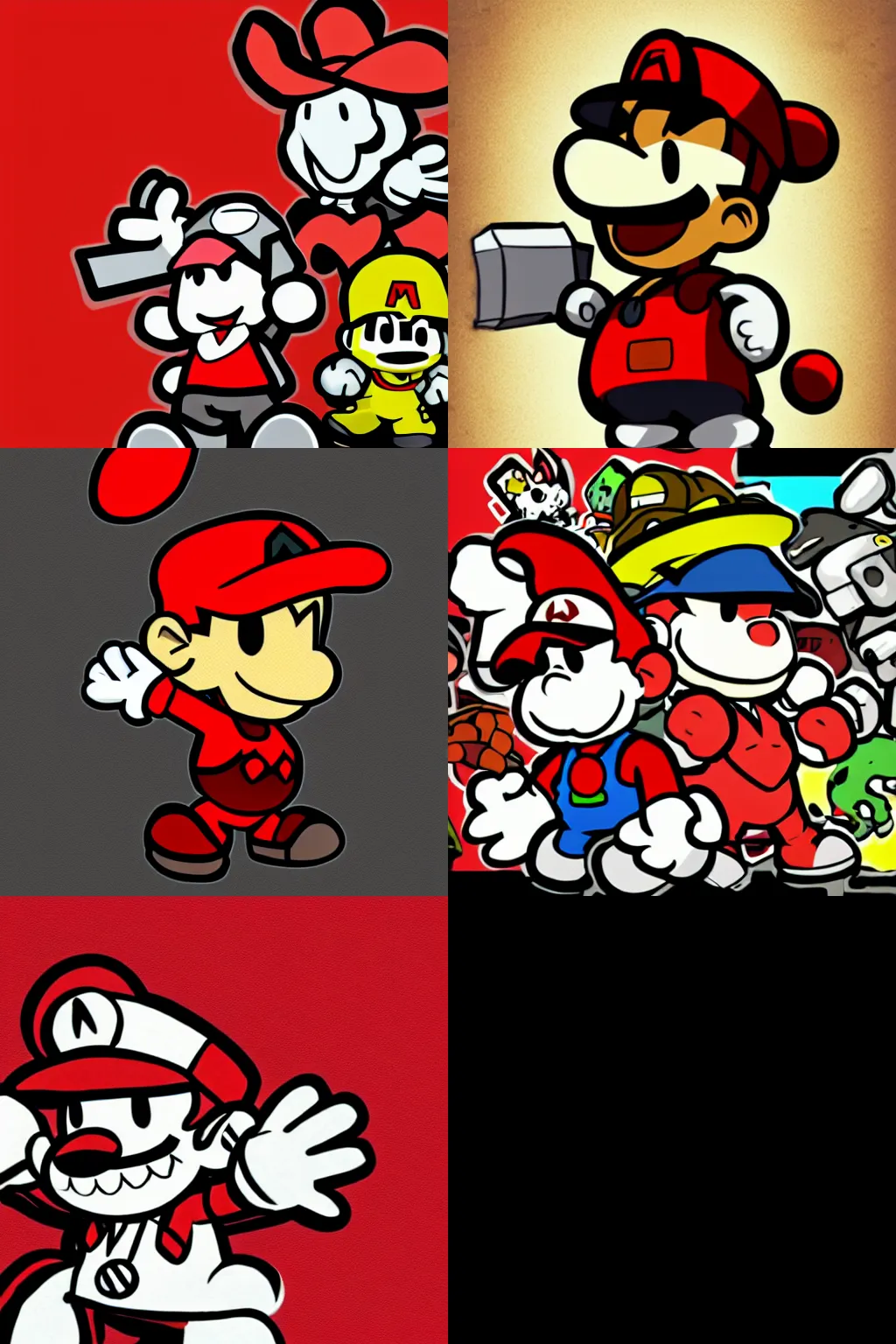 Prompt: fan artwork of paper mario, videogame art, edgy and bold artstyle, limited color palette, black and red tones