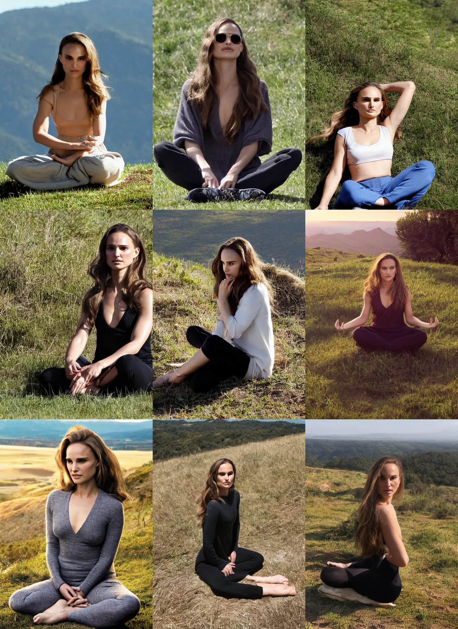 Prompt: natalie portman with extremely long hair sitting on top of a hill meditating in the morning sun