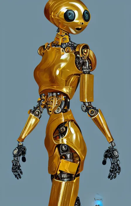 Image similar to a robot wearing a golden dress, full body shot, highly detailed, digital painting, artstation, concept art, smooth, sharp focus, illustration