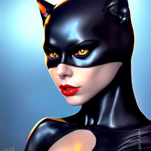 Image similar to Cat Woman, perfect deep eyes, portrait, fantasy, beautiful face, medieval, vivid colors, elegant, concept art, sharp focus, digital art, Hyper-realistic, 4K, Unreal Engine, Highly Detailed, HD, Dramatic Lighting by Brom, trending on Artstation