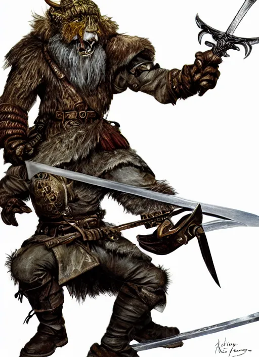 Image similar to strong young man, photorealistic bugbear ranger holding aflaming sword, black beard, dungeons and dragons, pathfinder, roleplaying game art, hunters gear, jeweled ornate leather and steel armour, concept art, character design on white background, by alan lee, norman rockwell, makoto shinkai, kim jung giu, poster art, game art