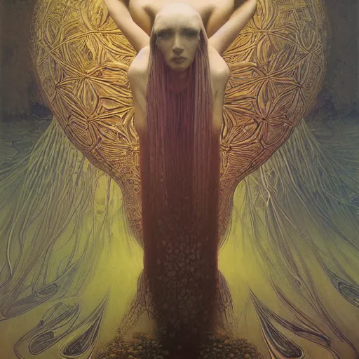 Image similar to cyber nomad by zdzisław beksinski, iris van herpen, raymond swanland and alphonse mucha. highly detailed, hyper - real, beautiful