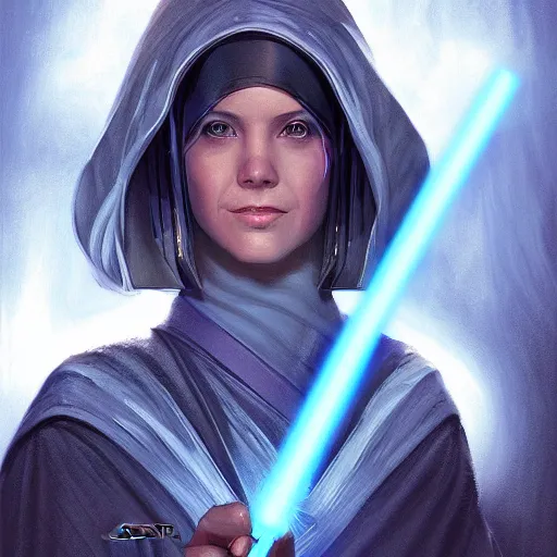 Prompt: head and shoulders portrait of a female knight, jedi, robes, blue lightsaber, young mary louise parker, star wars, by artgerm, face detail, extremely detailed, digital illustration