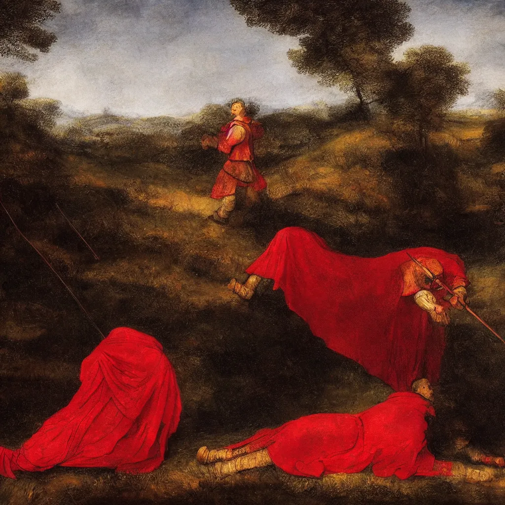 Prompt: a shining red knight lies on a field of grass. in the style of rembrandt