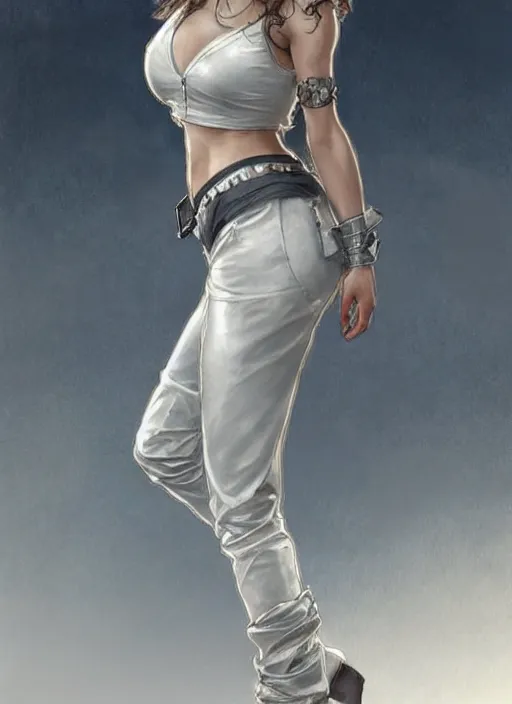 Image similar to girl in very short white! top and very short gray! leather jacket, open belly, long dark curly hair, high waist sweatpants, intricate, elegant, highly detailed, digital painting, artstation, concept art, smooth, illustration, art by artgerm and greg rutkowski and alphonse mucha