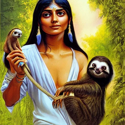 Prompt: a cottagecore beautiful young indian witch holding a cute sloth, highly detailed, masterpiece, illustrated, art by boris vallejo