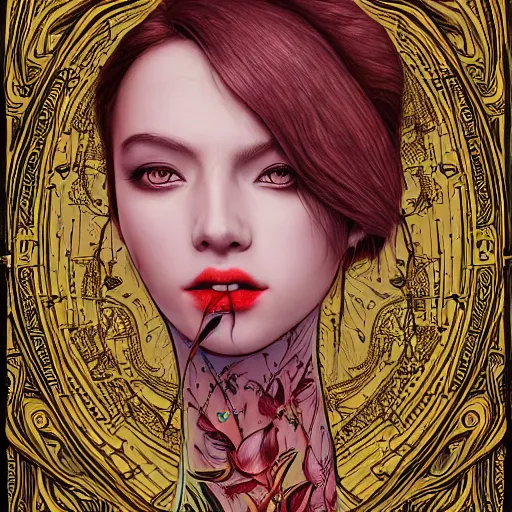 Image similar to the portrait of an unimaginably beautiful, graceful, elegant, and sophisticated young vampire woman made of bulbs of garlic, an ultrafine detailed illustration by james jean, intricate linework, bright colors, final fantasy, behance contest winner, vanitas, angular, altermodern, unreal engine 5 highly rendered, global illumination, radiant light, detailed and intricate environment