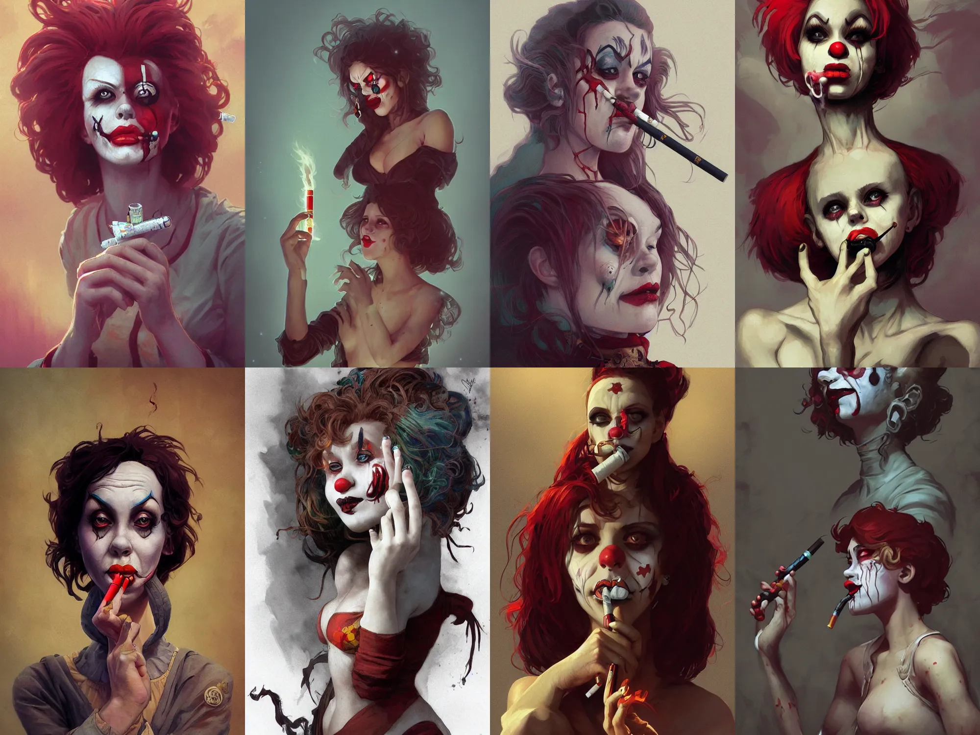 Prompt: horror clown girl pondering nuclear destruction smoking a cigarette, highly detailed, digital painting, artstation, concept art, smooth, sharp focus, illustration, art by artgerm and greg rutkowski and alphonse mucha and loish and WLOP