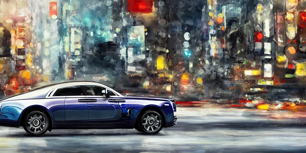 Image similar to a film still of a rolls royce wraith driving in the city of tokyo, oil painting, futuristic