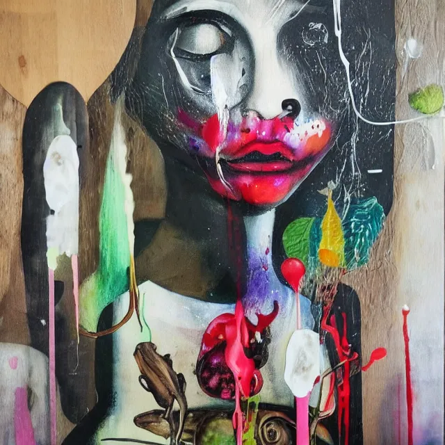 Prompt: “ surrealism, a portrait in a female art student ’ s apartment, mushrooms, sensual, art supplies, a candle dripping white wax, berry juice drips, acrylic and spray paint and oilstick on canvas, neoexpressionism ”