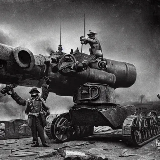 Prompt: a historical photo of a steampunk elephant with canons destroyed by a tank in the battlefield in ww 2, german tanks, gunfire, soldiers, high detailed