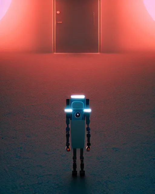 Image similar to a robot standing in front of a glowy open door that's on a barren moon, poster art by mike winkelmann, trending on cg society, space art, sci - fi, ue 5, futuristic, volumetric lighting, light casting onto the ground, neat composition and camera angle