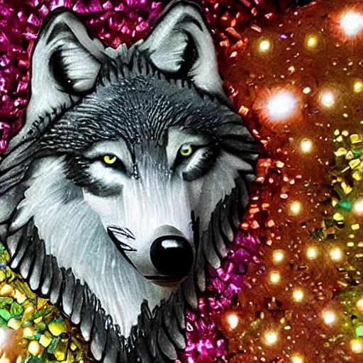 Prompt: a wolf made out of gems howling at full moon